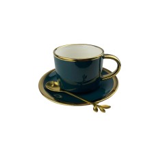 Set Ceasca de cafea din ceramica cu farfurie si lingurita,Verde Royal 2