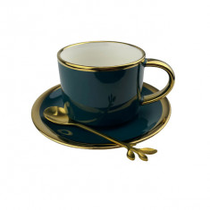 Set Ceasca de cafea din ceramica cu farfurie si lingurita,Verde Royal 2