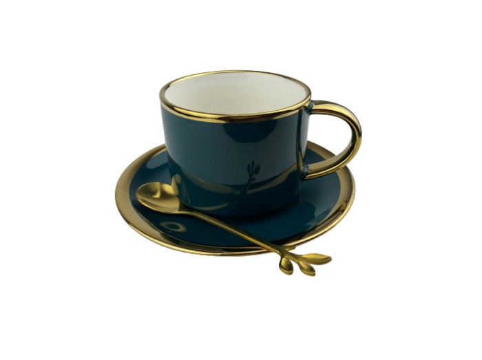 Set Ceasca de cafea din ceramica cu farfurie si lingurita,Verde Royal 2