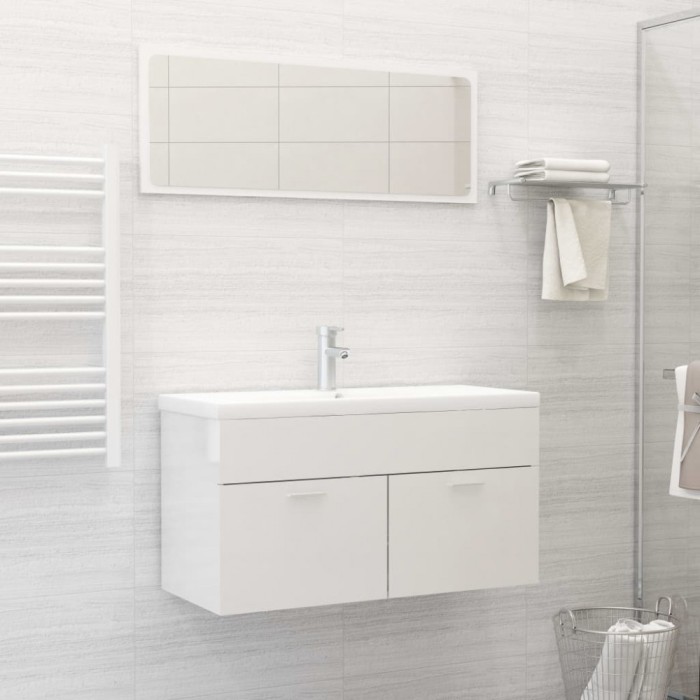 vidaXL Set mobilier de baie, alb extralucios, lemn prelucrat