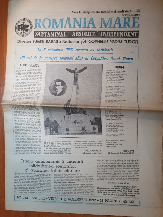 ziarul romania mare 13 noiembrie 1992- 110 ani de la nasterea lui aurel vlaicu