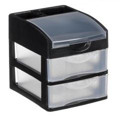 Organizator Birou, Model Transparent, 2 Sertare, Compartiment Cu Capac, Compartimente Mici, Plastic Negru, Dimensiuni 15x12.5x15cm