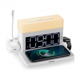 Incarcator Wireless 6 in 1 Axeloni&reg;, fast charge Wireless, incarcare telefon, ceas, alarma, lumina reglabila, zece culori de lumini, Alb