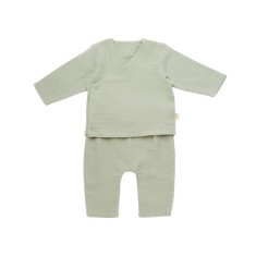 Set bluzita petrecuta si pantaloni lungi din muselina, BabyCosy, 100% bumbac organic, Verde (Marime: 9-12 luni)