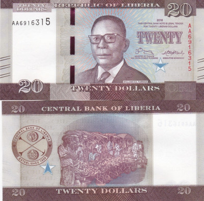 Liberia 20 Dollars 2016 P-33a UNC foto