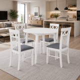 Cumpara ieftin Set masa living plianta Philadelphia, MDF, lemn masiv, rotunda, 55 90 x 90 x 74,8 cm si 4 scaune Rebecca, tapiterie stofa,100 kg, 94x49x43.5 cm, alb g