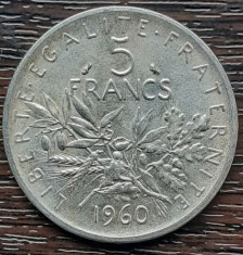 (A972) MONEDA DIN ARGINT FRANTA - 5 FRANCS 1960, SEMANATOAREA, 12 GRAME, AG 835 foto