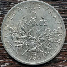 (A972) MONEDA DIN ARGINT FRANTA - 5 FRANCS 1960, SEMANATOAREA, 12 GRAME, AG 835