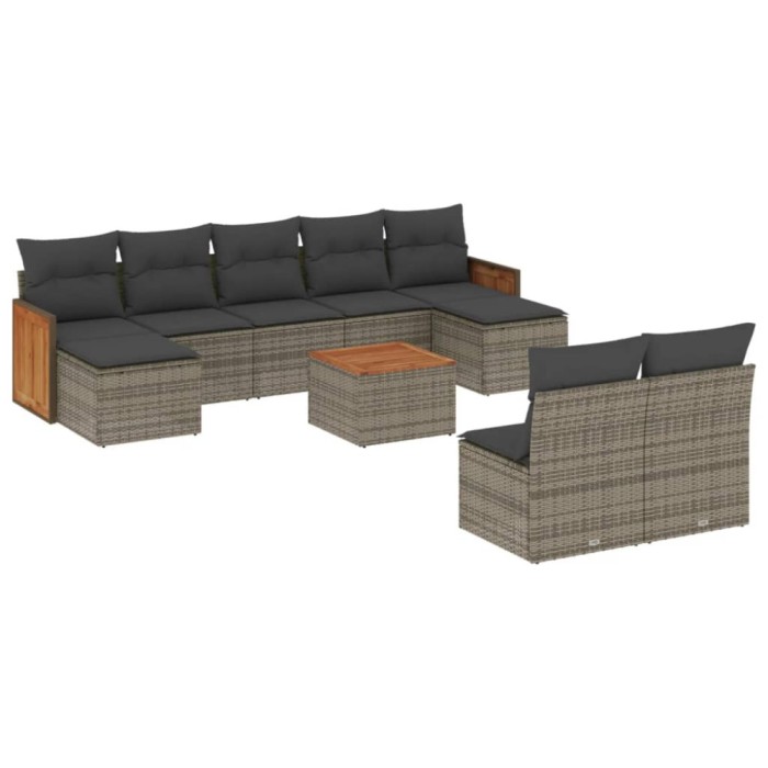Set mobilier de gradina cu perne, 10 piese, gri, poliratan