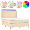Pat cu arcuri, saltea si LED, crem, 140x190 cm, textil