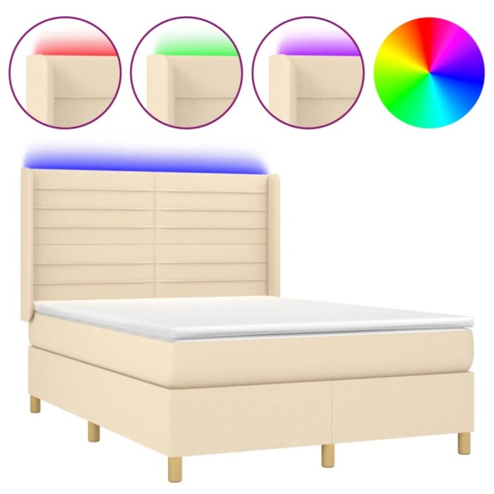 Pat cu arcuri, saltea si LED, crem, 140x190 cm, textil