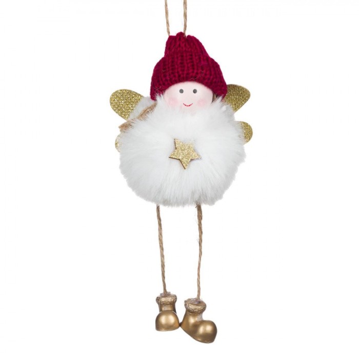 Ornament Brad Crăciun Inger, 20cm, Blană Albă, Căciulă Roșie, Pene și Cizme Aurii