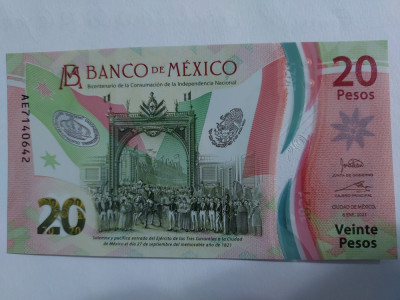 Mexic 20 Pesos Comemorativa 2021 Polimer Seria AE Semnatura 4 UNC foto