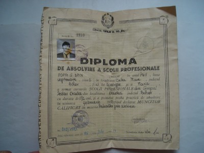 Diploma de absolvire a scolii profesionale, prelucrator prin aschiere, 1986 foto