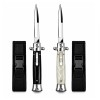 Set doua cutite cu lamă tip stiletto automate DEPOX&reg;, m&acirc;ner negru/alb, 27 cm, cu husă inclusa