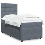 vidaXL Pat box spring cu saltea, gri &icirc;nchis, 90x200 cm, catifea