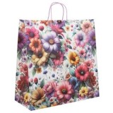 Sacoșă cadou din h&acirc;rtie kraft cu model floral, 42x18x42cm, albă, m&acirc;nere lila, CMCLASS