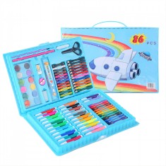 Set de pictura si desen pentru copii,86 de piese, carioci, creioane colorate, pasteluri de ulei, cu valiza organizatoare, Albastru