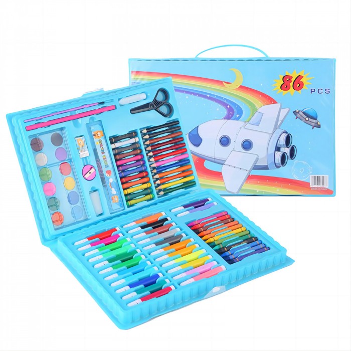 Set de pictura si desen pentru copii,86 de piese, carioci, creioane colorate, pasteluri de ulei, cu valiza organizatoare, Albastru