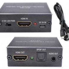 Adaptor HDMI audio Extractor, Active, convertor HDMI la HDMI + sunet Jack analog si SPDIF Toslink Digital, rezolutie FHD si 4K, sunet 2 canale si 5 ca