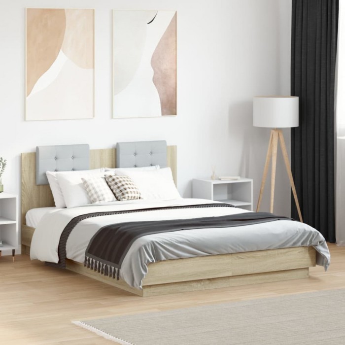 vidaXL Cadru de pat cu tăblie și lumini LED, stejar sonoma, 140x190 cm 3210040