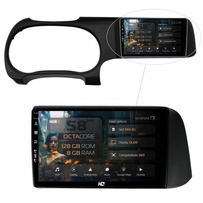 Navigatie Hyundai I10 (2020+) 8GB RAM Android 13 Octacore Slot Sim 4G DSP GPS Wi-FI Carplay Android Auto USB Bluetooth Waze Touchscreen 9 Inch