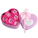 Set 6 Trandafiri Sapun in Cutie Metalica Inima, Cadou Romantic Albastru/Roz, Decoratiuni Florale Sapun Parfumat, 9.5cm