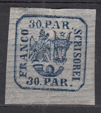 ROMANIA 1862 LP 10 PRINCIPATELE UNITE EMISIUNEA I - 30 PARALE ALBASTRU PE HARTIE SUBTIRE VARGATA ORIZONTAL GUMA ORIGINALA SARNIERA foto