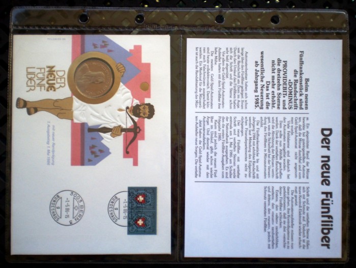P.322 PLIC FILATELIC ELVETIA DER NEUE F&Uuml;NFLIBER 5 FRANCS 1985