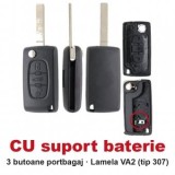 Set 2 bucati - Carcasa cheie briceag Topautochei&amp;#174; 3 butoane portbagaj, CU suport baterie, lamela VA2, compatibila cu Peugeot 307 308 407 si Citro