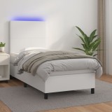 Cumpara ieftin Pat cu arcuri, saltea și LED, alb, 100x200 cm, piele ecologică