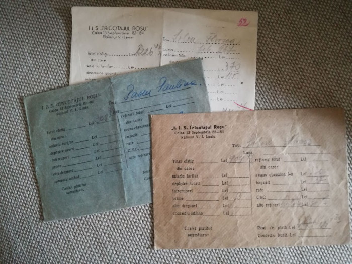 Lot 3 plicuri ptr salarii, &rdquo;Tricotajul Roșu&rdquo;, București, Raion Lenin, comunism