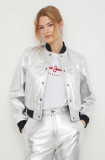 Pepe Jeans geaca bomber de piele femei, culoarea argintiu, de tranzitie