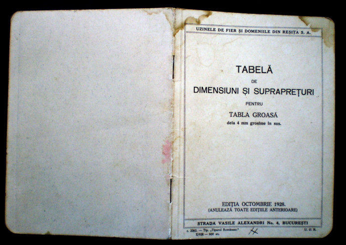 O.142 UZINELE DE FIER SI DOMENIILE DIN RESITA S.A. TABELA DE DIMENSIUNI 1928