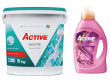 Detergent pudra pentru rufe albe Active, galeata 5kg, 65 spalari + Balsam de rufe Active Happy Day, 1.5 litri, 60 spalari