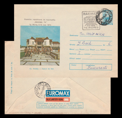 Romania - Plic intreg postal + vigneta Expozitia filatelica EUROMAX 1974 foto
