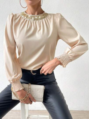 Bluza eleganta cu aplicatii si maneci elastice, alb, dama, Shein foto