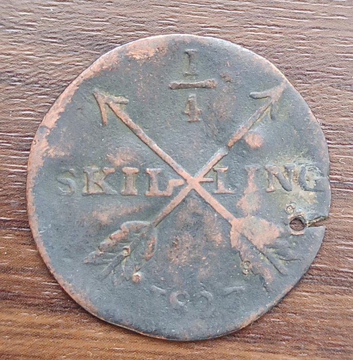 Moneda Suedia - 1/4 Skilling 1827
