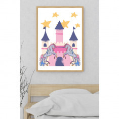 Tablou pentru camera copiilor -Unicorni la castel, A4, Rama Neagra