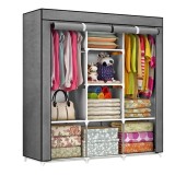 Dulap din material textil, cu cadru de metal si plastic, impermeabil, cu 8 rafturi, dimensiuni 105x45x170 cm, cu 2 bare pentru haine, gri