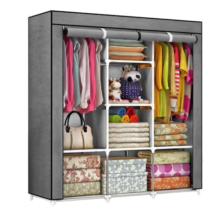 Dulap din material textil, cu cadru de metal si plastic, impermeabil, cu 8 rafturi, dimensiuni 105x45x170 cm, cu 2 bare pentru haine, gri