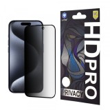 Folie de protectie Ecran Privacy Lito HD Pro pentru Apple iPhone 15 Pro, Sticla Securizata, Full Glue