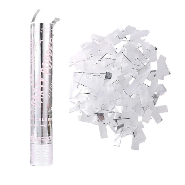 Tub de Confetii, Cyrax, Party Popper, 30x5 cm, Confetii Lucioase Rezistente la Foc, Eliberare prin Rasucire, Argintiu
