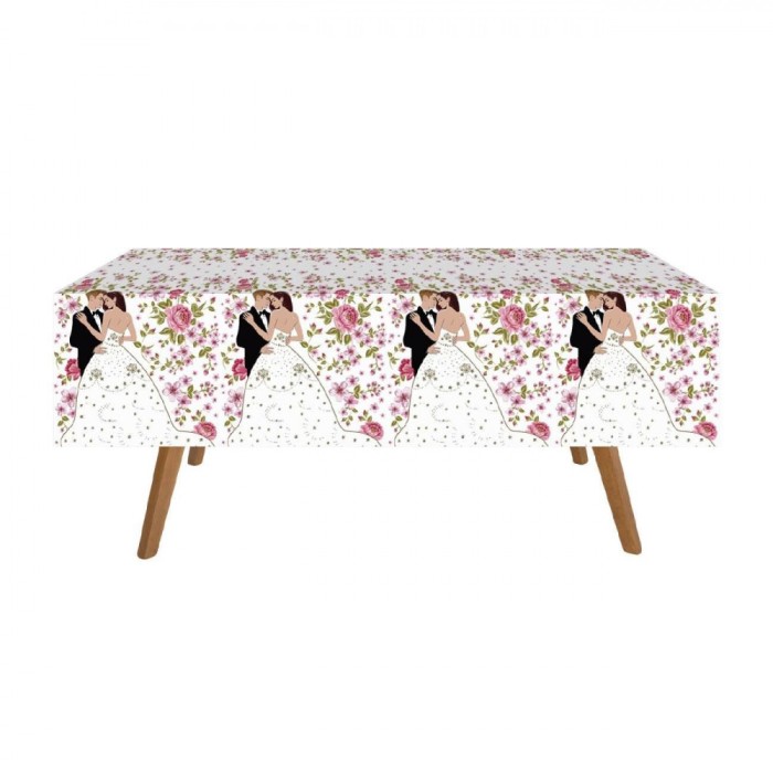 Față de Masă Petrecere Model Cuplu și Flori, Plastic, Alb, 180x120 cm, 1 Bucată