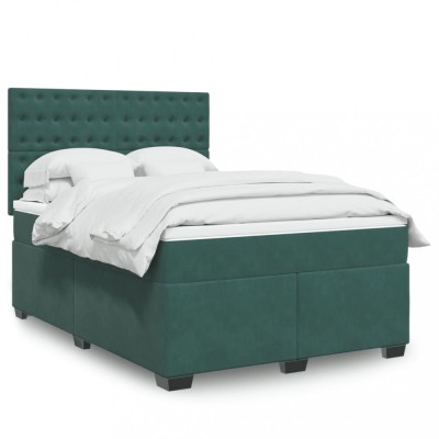 vidaXL Pat box spring cu saltea, verde &amp;icirc;nchis, 140x200 cm, catifea 3293245 foto