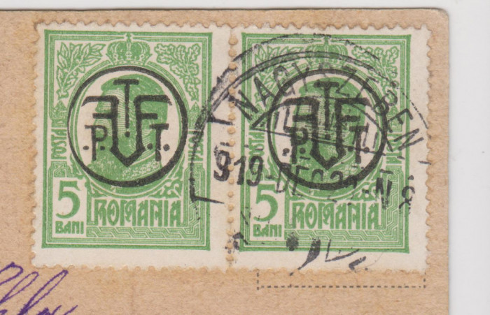 Pereche 5 BANI cu supratipar PTT FF + stampila Nagyszeben 22 dec. 1919