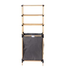 Raft modular cu 3 polite si cos pentru rufe textil, lemn de pin natur, 56 x 28 x 141 cm