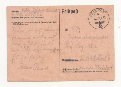 H1 Germania -Carte Postala Militara Al 3 lea Reich. Circulata 1942 foto