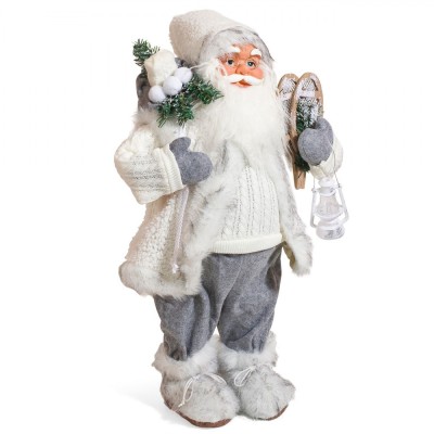 Figurină Decorativă Moș Crăciun, Model Alb, &amp;Icirc;nălțime 60cm, Poliester, Felinar Inclus foto