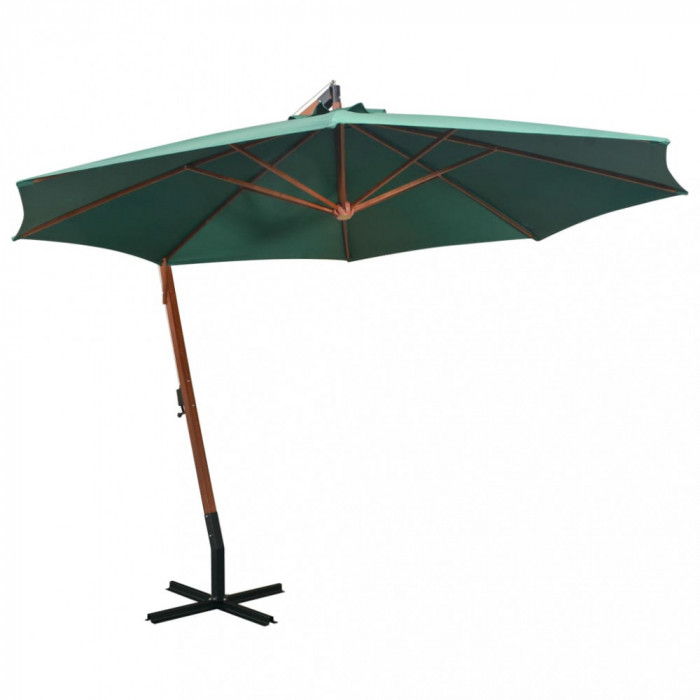 vidaXL Umbrelă de soare suspendată 350 cm, st&acirc;lp din lemn, verde